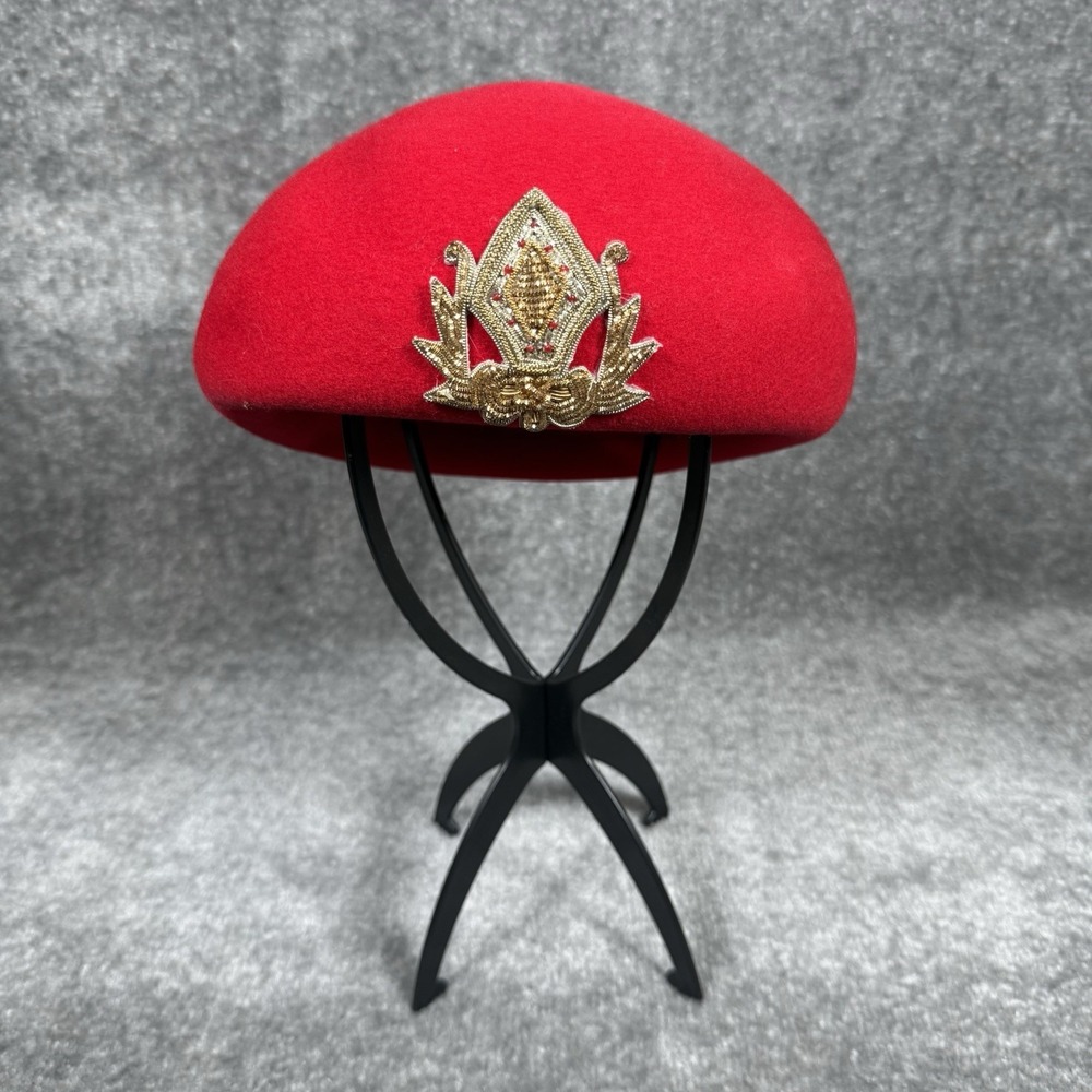 Vintage Red Hat‎ Wool Women's Appliqué Beret Beaded WPL 5923